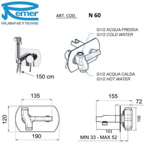 Смеситель встраиваемый с гигиеническим душем Remer Minimal N60W Хром