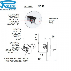 Смеситель для душа встраиваемый Remer Minimal Thermo NT30 Хром