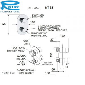 Смеситель для душа встраиваемый Remer Minimal Thermo NT93 Хром